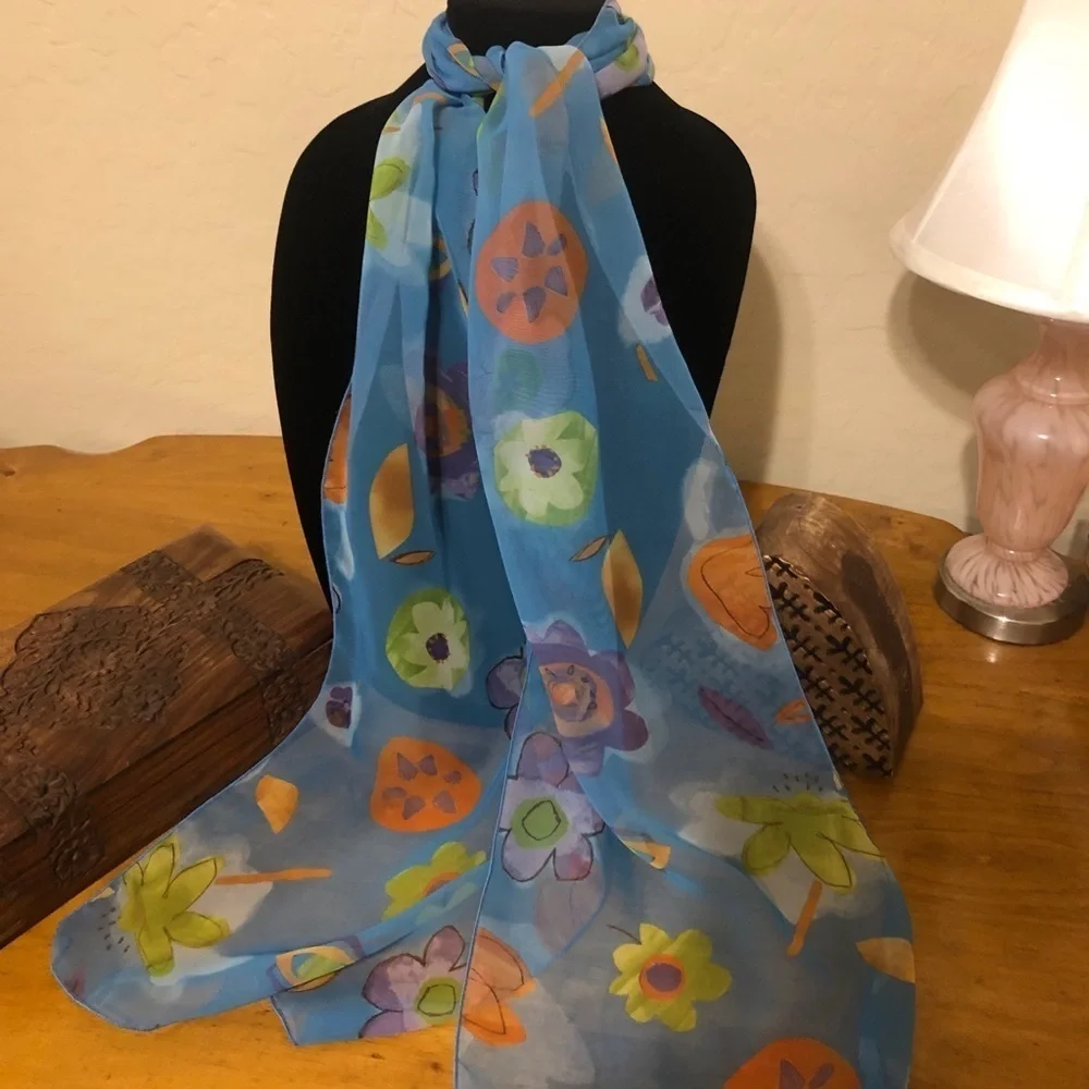 Long Blue Floral Scarf